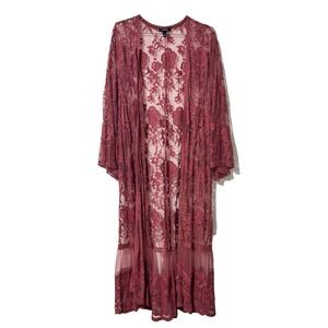 Torrid 3X Dusty Red Mesh Crochet Trim Longline Kimono Lace Duster Embroidered